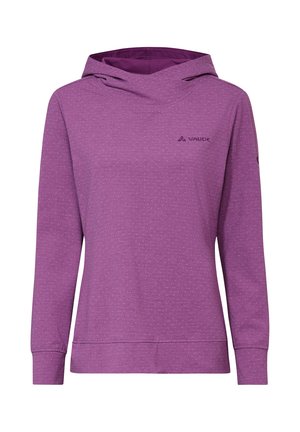 Paarse hoodie met lange mouwen, voorzien van een subtiel gestippeld patroon en een klein Vaude-logo op de linkerborst.
