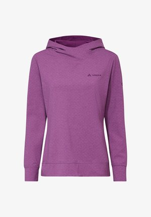 Paarse hoodie met lange mouwen, voorzien van een subtiel gestippeld patroon en een klein Vaude-logo op de linkerborst.
