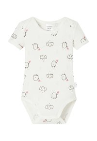 Kurzärmeliger Babybody aus Bio-Baumwolle in einem hellen Cremeton, mit verspielten, gezeichneten Mustern von Tieren und Herzen.