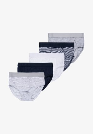 Pack of five boys' briefs in varying colors: navy, white, gray, and striped designs. Soft fabric with elastic waistbands.
