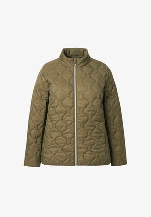 Oliivinvihreä tikattu takki, jossa on täysipitkä vetoketju ja pystykaulus, sekä geometrinen ompelukuvio ja pitkät hihat.