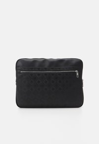 Black laptop bag with a textured surface featuring diamond patterns, a top zipper, and a front pocket with a silver zipper.