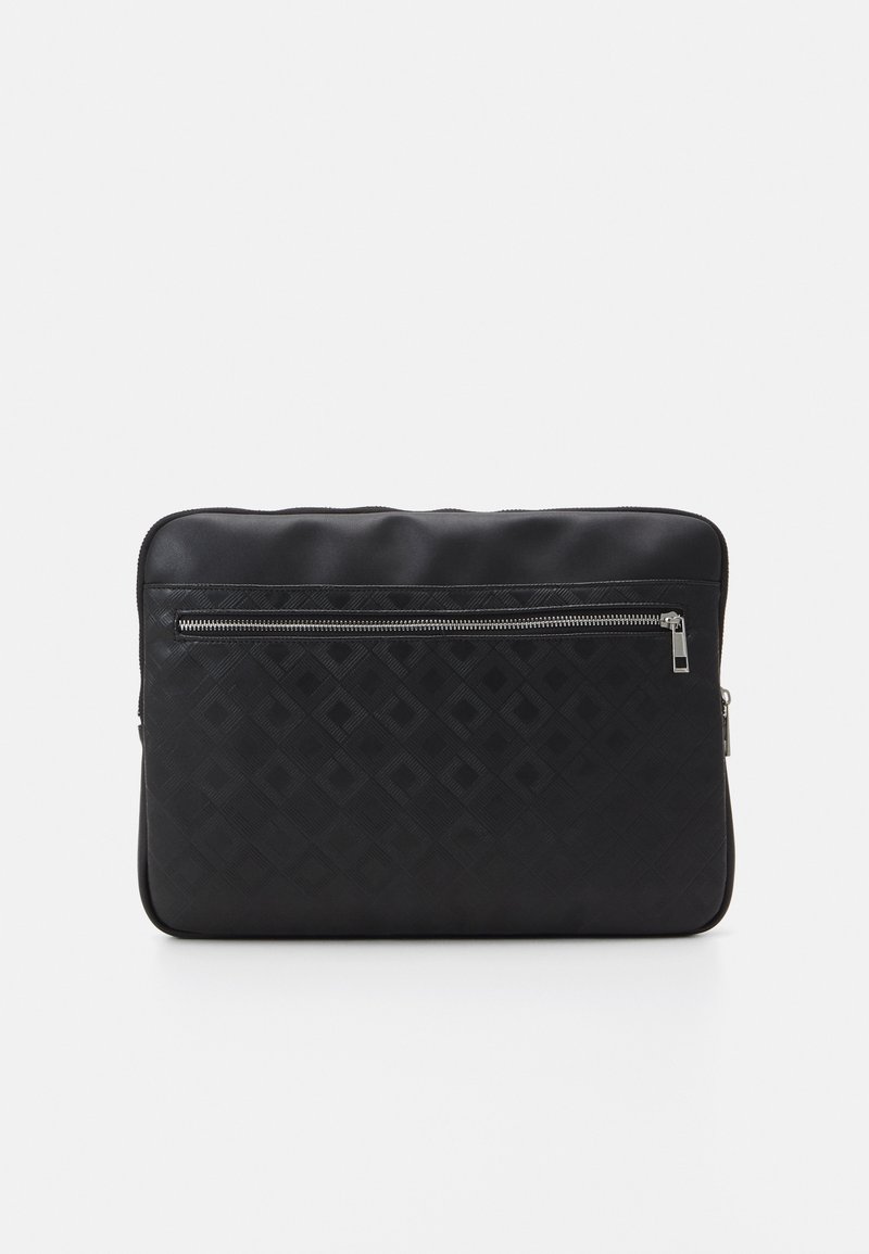 Black laptop bag with a textured surface featuring diamond patterns, a top zipper, and a front pocket with a silver zipper.