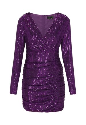 Fioletowa sukienka z cekinami, z długimi rękawami, głębokim dekoltem w kształcie V oraz marszczeniem na ciele, z tylnym zapięciem na zamek i gładką podszewką.