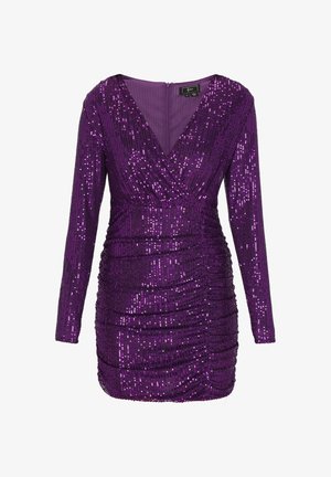 Vestido morado con lentejuelas, de mangas largas, escote en V profundo y detalle de fruncido en el cuerpo, con cierre de cremallera en la parte trasera y forro suave.