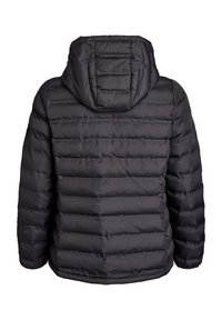 Mustast materjalist isoleeritud jope kapuutsiga. Omadused: horisontaalne pitsiline muster, elastsed varrukasäärised ja sirge äär, mis hoiab soojust.