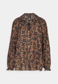Blusa marrone con fantasia floreale e disegni neri di fiori, chiusura con bottoni, colletto a punta e polsini elasticizzati. Tessuto leggero e fluido.