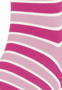 Gestreifte Socken in abwechselnden Schattierungen von Rosa und Weiß. Die Textur ist glatt mit einem gerippten Design, das lebendige Farben zeigt.