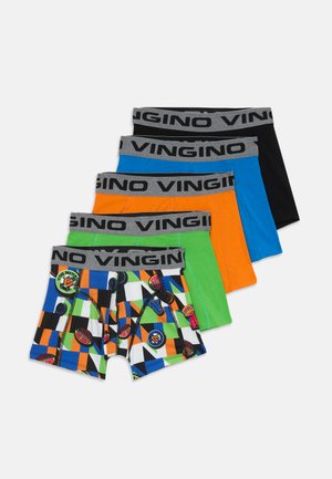 Five pairs of boys' boxer briefs in various colors: black, grey, blue, orange, and green. The front pair features a multicolored geometric pattern.