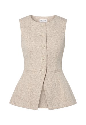 Γυναικείο μπεζ γιλέκο χωρίς μανίκια με διακριτικό σχέδιο ψαροκόκκαλο, πέντε κουμπιά μπροστά, στρογγυλή λαιμόκοψη και ελαφρύ άνοιγμα στη μέση.