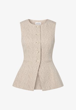Ermeløs beige damvest med subtil chevronmønster, fem knapper foran, rund halslinning og lett innsving ved midjen.