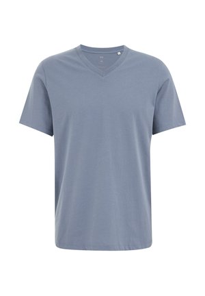 Plava pamučna majica s V-izrezom, kratkim rukavima i ležernim krojem; glatka tekstura i minimalni detalji šivanja.