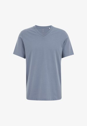 Plava pamučna majica s V-izrezom, kratkim rukavima i ležernim krojem; glatka tekstura i minimalni detalji šivanja.