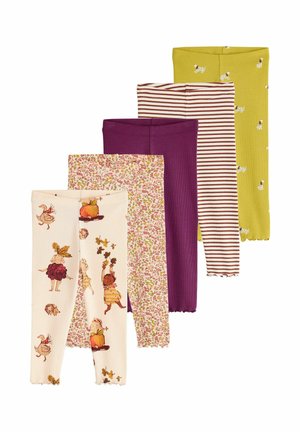 Viisi paria lasten legginssejä eri kuvioilla: syyskauden hahmot, pienet kukat, yksivärinen violetti, punaiset raidat ja vihreä koirakuosilla.