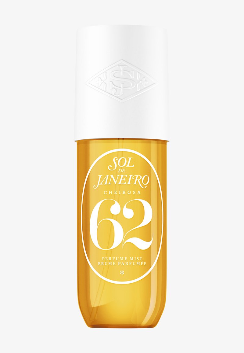 Flacon de brume parfumée Sol de Janeiro Cheirosa 62 couleur ambre avec un bouchon blanc embossé du logo.