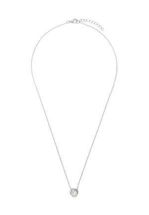 Silverhalsband med en tunn kedja, prytt med en rund berlock som håller en klar ädelsten. Enkelt design med en säker lås och förlängningskedja.