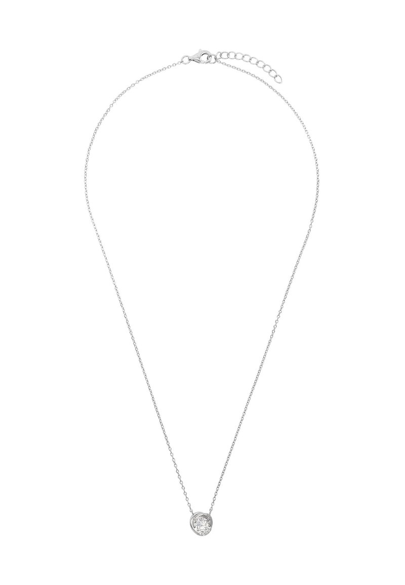 Silverhalsband med en tunn kedja, prytt med en rund berlock som håller en klar ädelsten. Enkelt design med en säker lås och förlängningskedja.