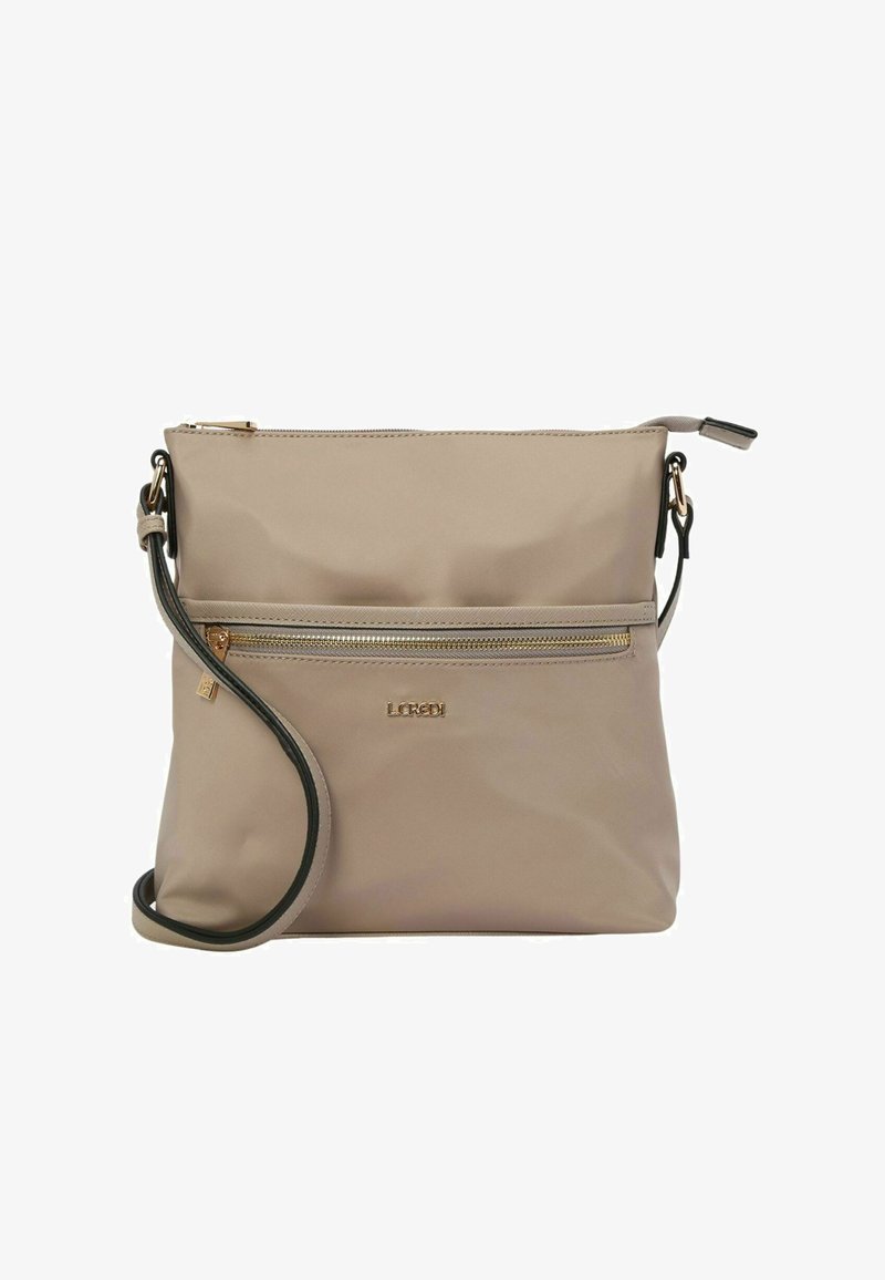 Crossbody-Tasche in hellbeige, gefertigt aus glattem Material. Verfügt über eine vordere Reißverschlusstasche und goldfarbene Hardware mit abnehmbarem Schultergurt.
