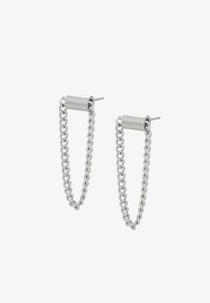 Sidabrinės grandininės lašų auskarai su cilindrine kojyte, turinčia tekstūruotą jungčių dizainą, sukuriantys šiuolaikišką ir pailgintą siluetą.