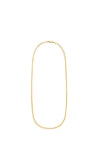 Halskette aus goldfarbenem Metall mit einem glatten, ovalen Glieddesign und einem sicheren Verschluss, das eine polierte und glänzende Oberfläche aufweist.
