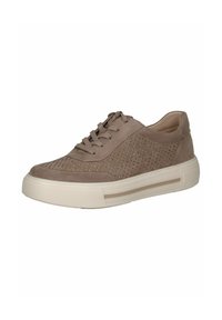 Light brown suede sneaker featuring perforated design, laces, and a white rubber sole with a striped accent.