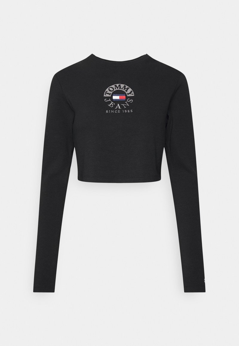 Svart, kortärmad topp med långa ärmar och broderad logotyp "TOMMY JEANS" samt fransk flagga. Tillverkad av mjukt, stretchigt tyg.