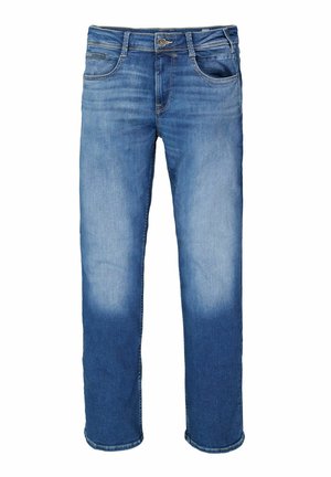 Light blue denim jeans with a straight cut, faded accents, five pockets, and metal button closure at the waist.