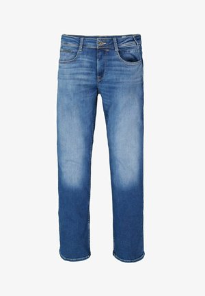 Lichtblauwe denim jeans met een rechte snit, vervaagde accenten, vijf zakken en een metalen knoopsluiting in de taille.
