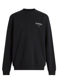 Black long-sleeve crewneck sweatshirt with white "ALLSAINTS LONDON" and Japanese text printed on the upper left chest.