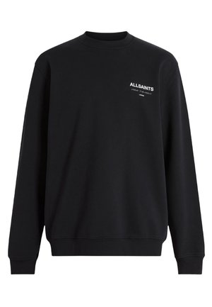 Sweatshirt noir à manches longues et col rond avec l'inscription blanche "ALLSAINTS LONDON" et du texte japonais imprimé sur le côté supérieur gauche de la poitrine.