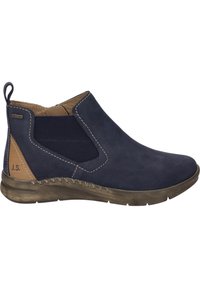 Dunkelblaue Slip-On-Stiefeletten mit elastischen Einsätzen, Obermaterial aus Leder, kontrastierender brauner Absatzakzent, strukturierte Details und profilierte Sohle.