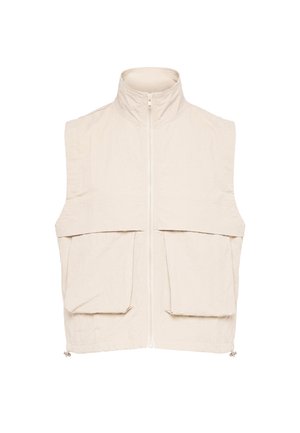Mouwloze beige bodywarmer met hoge kraag, ritssluiting aan de voorkant, twee grote voorzakken en verstelbare trekkoorden aan de zoom.