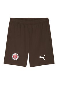 Brune atletiske shorts lavet af bomuldsblanding, med et hvidt FC St. Pauli-logo og et hvidt Puma-logo på siden. Elastisk linning.