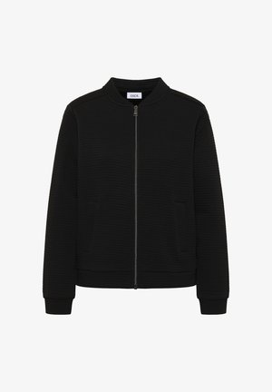 Schwarze Jacke mit gerippter Textur, Reißverschluss vorne und Seitentaschen. Mit rundem Halsausschnitt und elastischen Bündchen, aus weichem Stoff gefertigt.