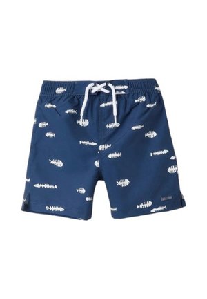 Pantaloni da bagno blu navy con un motivo di scheletro di pesce bianco, vita elastica con cordino e squarci laterali per una maggiore libertà di movimento.