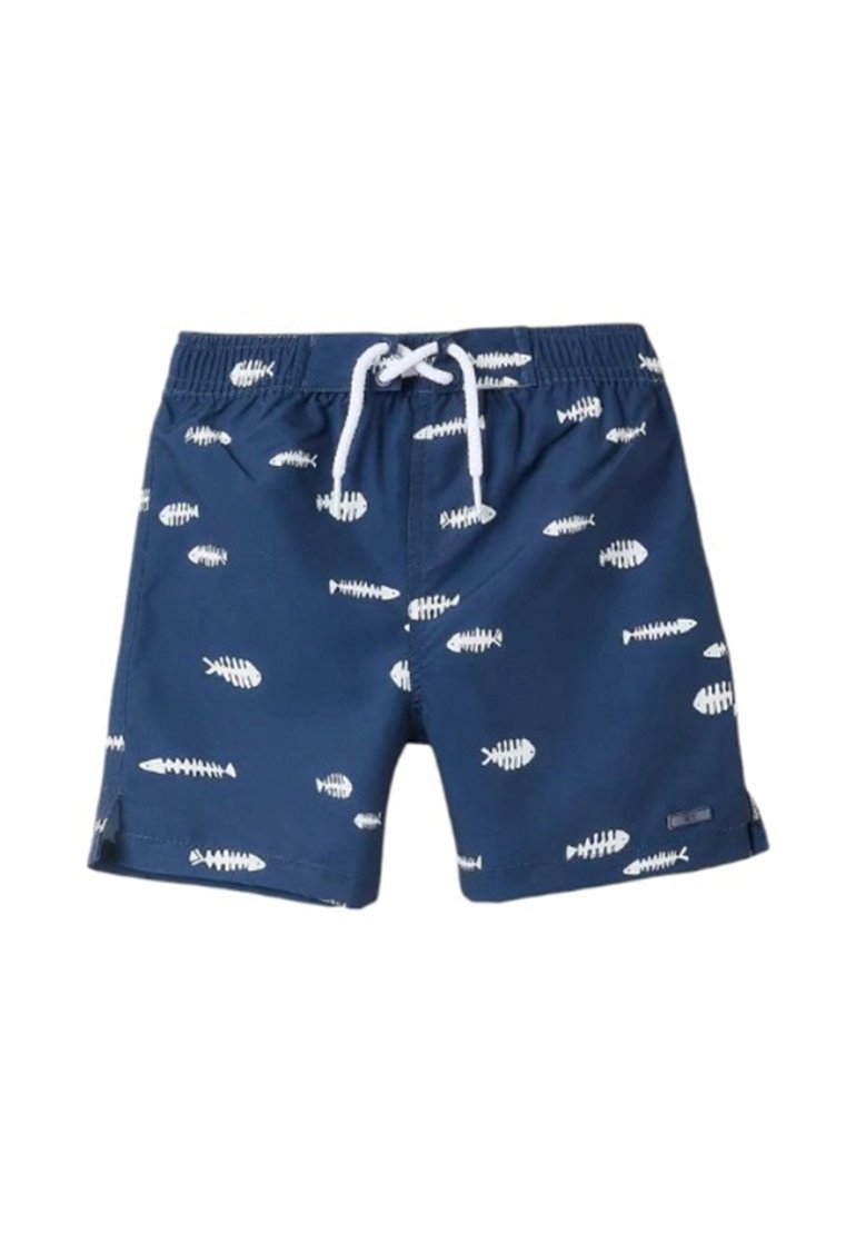 Pantaloni da bagno blu navy con un motivo di scheletro di pesce bianco, vita elastica con cordino e squarci laterali per una maggiore libertà di movimento.