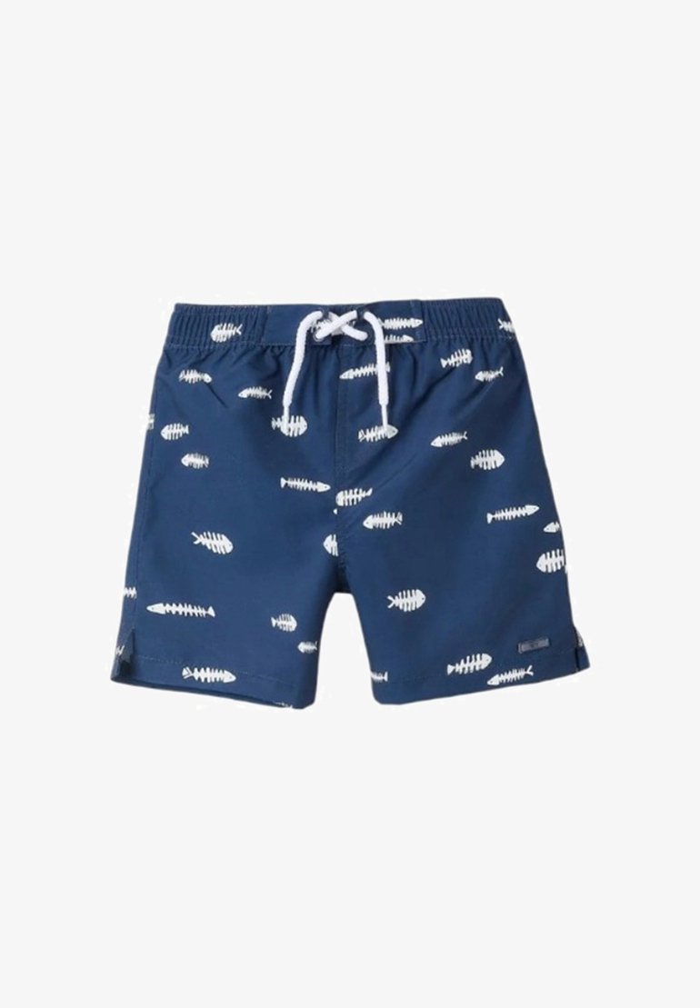 Pantaloni da bagno blu navy con un motivo di scheletro di pesce bianco, vita elastica con cordino e squarci laterali per una maggiore libertà di movimento.
