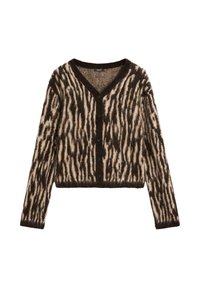 Cardigan a righe marrone e crema realizzato in morbido materiale a maglia, con scollatura a V e chiusure a bottoni. Lunghezza cropped con maniche lunghe.