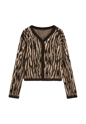 Braun- und cremefarbener gestreifter Cardigan aus hochwertigem Strickmaterial, mit V-Ausschnitt und Knopfverschluss. Kürzerer Schnitt mit langen Ärmeln.