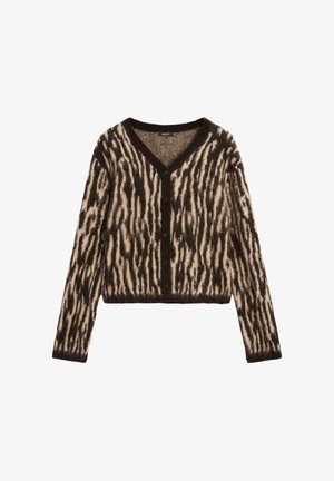 Cardigan a righe marrone e crema realizzato in morbido materiale a maglia, con scollatura a V e chiusure a bottoni. Lunghezza cropped con maniche lunghe.