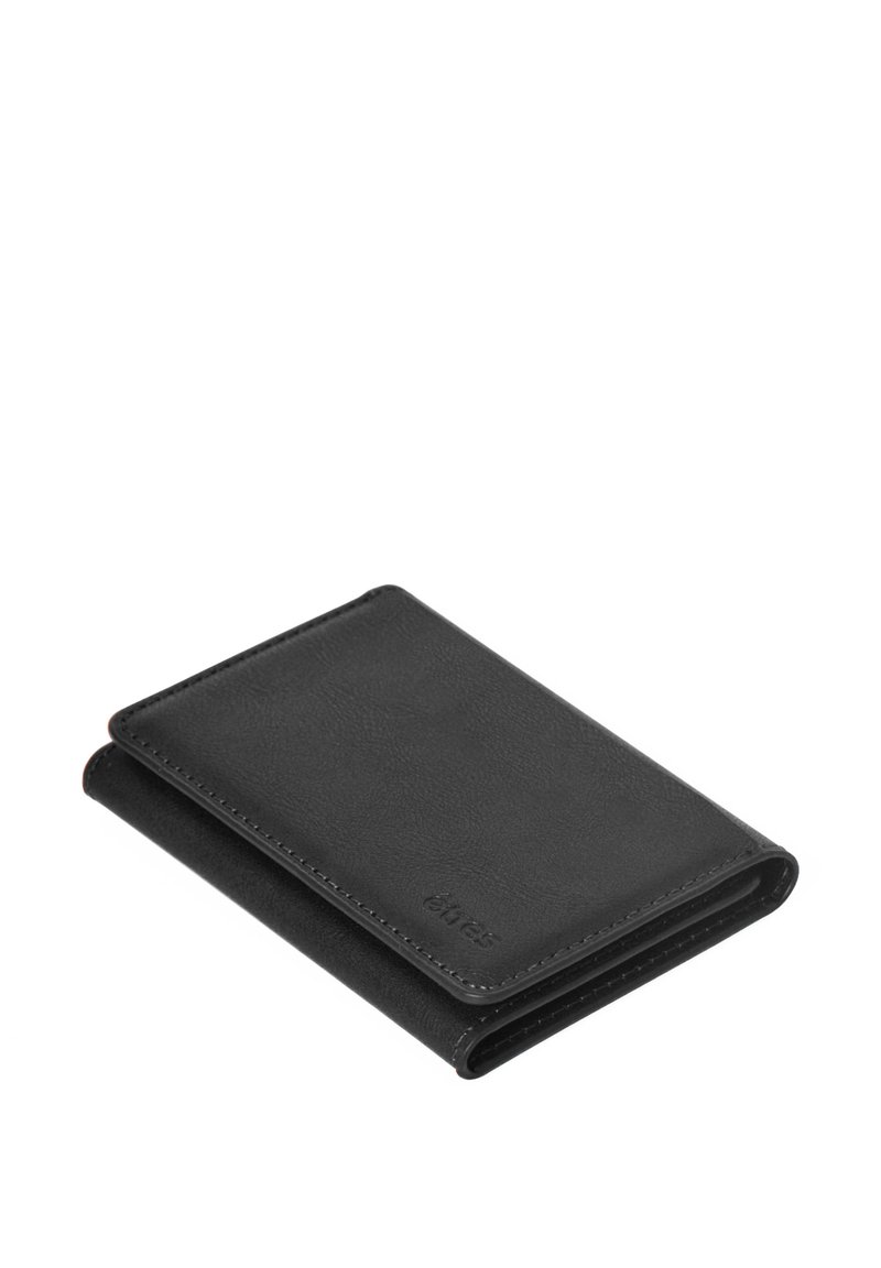 Black leather wallet with a smooth texture, folded design, and stitched edges. Features embossed branding on the front.
