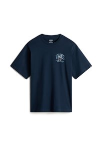 Navy blue cotton t-shirt with short sleeves, featuring a front logo graphic in white and blue. Classic crew neckline and relaxed fit.