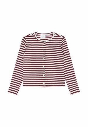 Cardigan à manches longues boutonné avec des rayures horizontales blanches et bordeaux et un col rond, posé à plat sur un fond blanc.