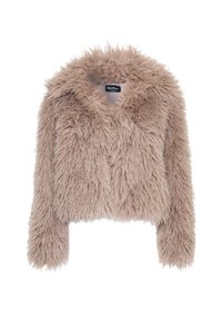 Kunstpels cropped jakke i lys beige med en fluffy tekstur, bred krave og lange ærmer. Etiket synlig indeni kraven.
