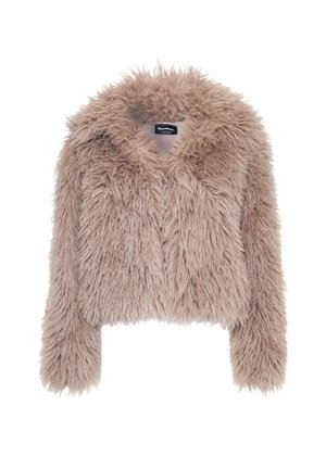 Nepbont cropped jas in lichtbeige, met een fluffy textuur, brede kraag en lange mouwen. Etiket zichtbaar in de kraag.