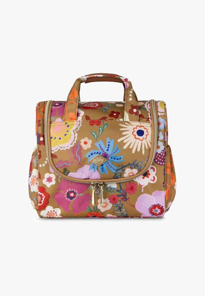 Borsa in tessuto marrone con motivo floreale, dotata di chiusura con zip, manico superiore e vari fiori colorati con dettagli intricati.