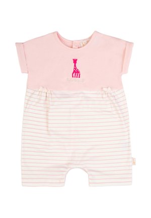 Tutina rosa a maniche corte per neonati con ricamo di giraffa rosa acceso e sottili righe orizzontali rosa nella parte inferiore.