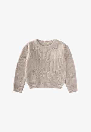 Džemper od pletenine svijetlo bež boje s okruglim izrezom, dugim rukavima i oštećenim detaljima. Izrađen od teksturiranog materijala s opuštenim krojem.