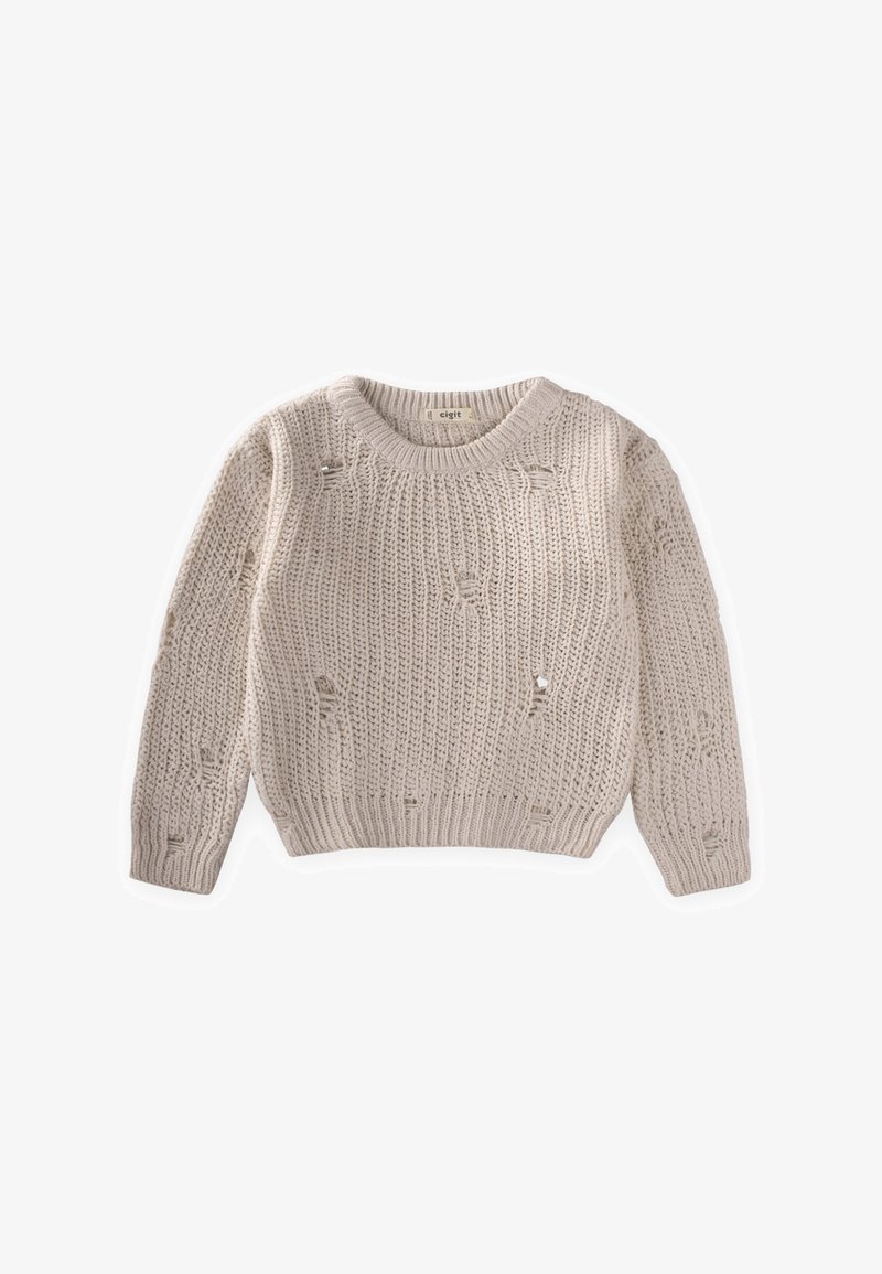 Megztinis megztas šviesiai smėlio spalvos, su apvalia iškirpte, ilgomis rankovėmis ir nudžiautomis detalėmis. Pagamintas iš tekstūruotos medžiagos su laisvu siluetu.
