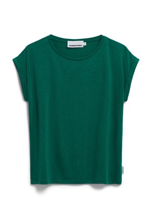 Green short-sleeve T-shirt made of soft fabric. Features a round neckline and a slightly loose fit. Includes a small logo tag on the side.
